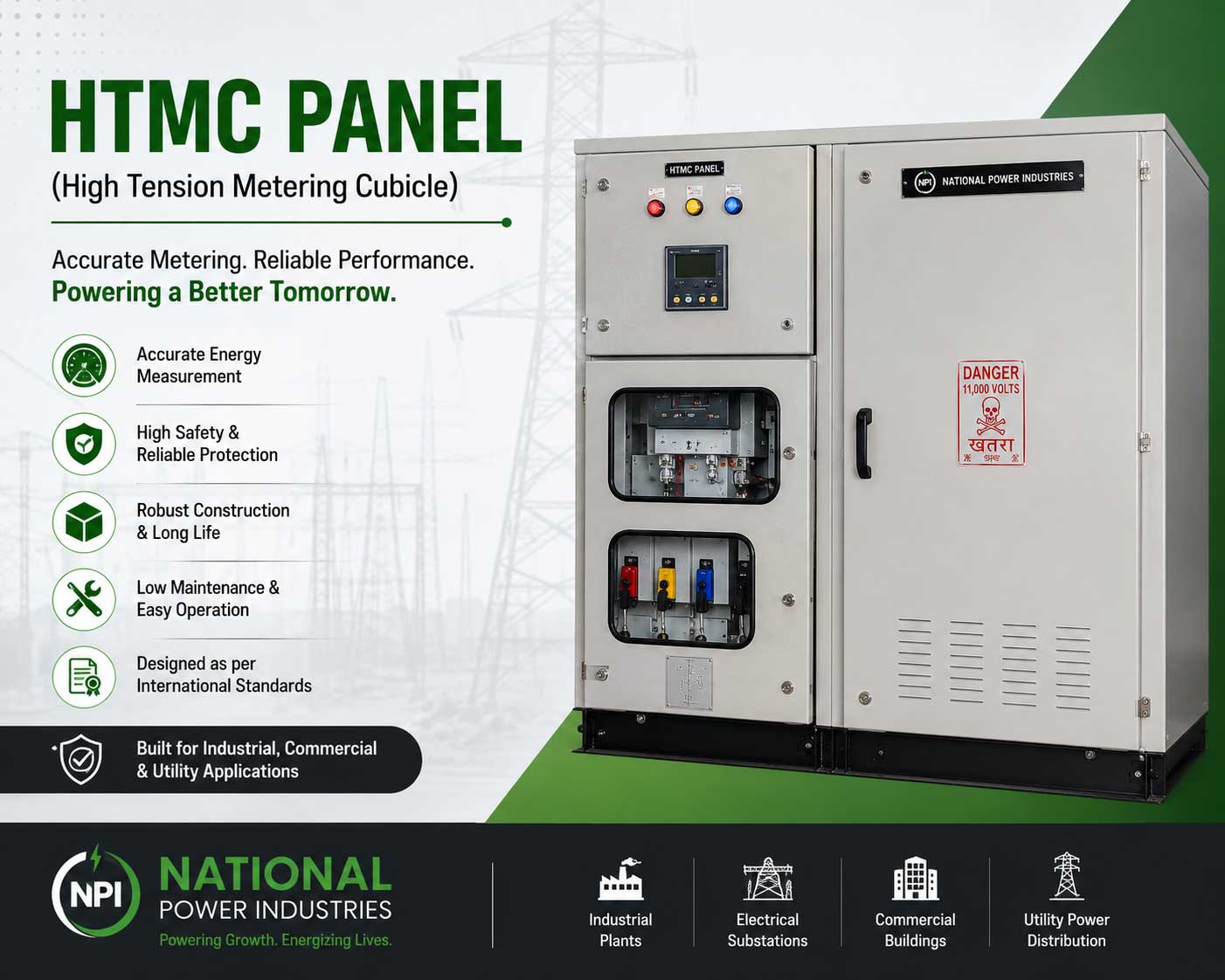 HTMC Panel (High Tension Metering Cubicle) Manufacturer in Vadodara Surat Vapi Valsad | National Power Industries HTMC Panel High Tension Metering Cubicle manufactured by National Power Industries for 11kV 22kV and 33kV industrial commercial and utility power distribution applications in Vadodara Surat Vapi and Valsad Gujarat.